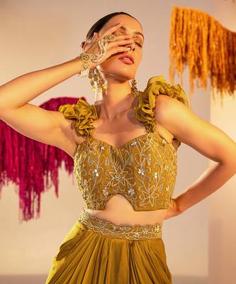 Mehandi green draped skirt set 5