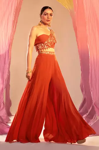 Rust orange crepe palazzo set