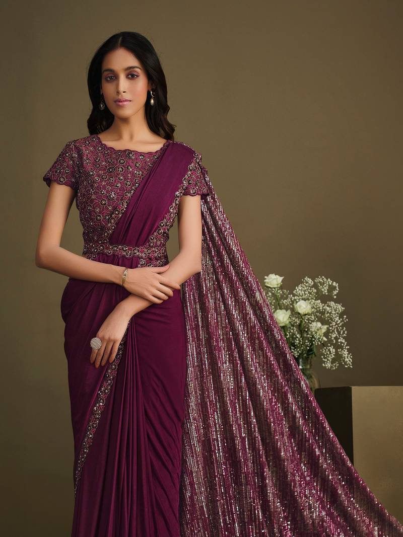 Maroon sequence embroidered crystal silk exclusive women's saree