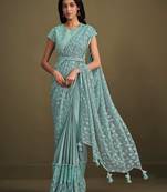 Light blue sequence embroidered with texture  crepe silk exclusive women's saree with stitched blouse