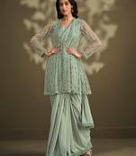 Sea green sequence embroidered with stone & sequence work jacket crepe silk exclusive women's saree with stitched blouse