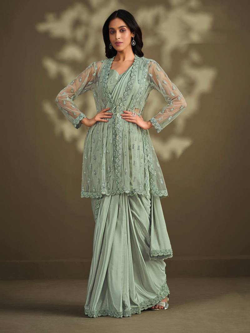 Sea green sequence embroidered with stone & sequence work jacket crepe silk exclusive women's saree with stitched blouse