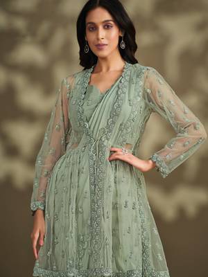 Sea green sequence embroidered with stone & sequence work jacket crepe silk exclusive women's saree with stitched blouse 2