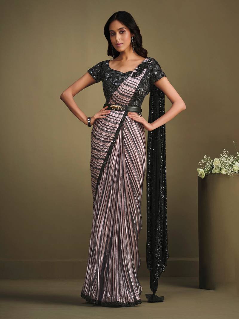 slim fit dress slacks Modern Statement  Black Draped Saree with 3D Floral Corset Top