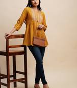 Mustard  Colour Short Casual Embroidered Kurti For Office Look