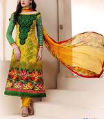 Yellow and Green printed cotton semi stitched salwar with dupatta