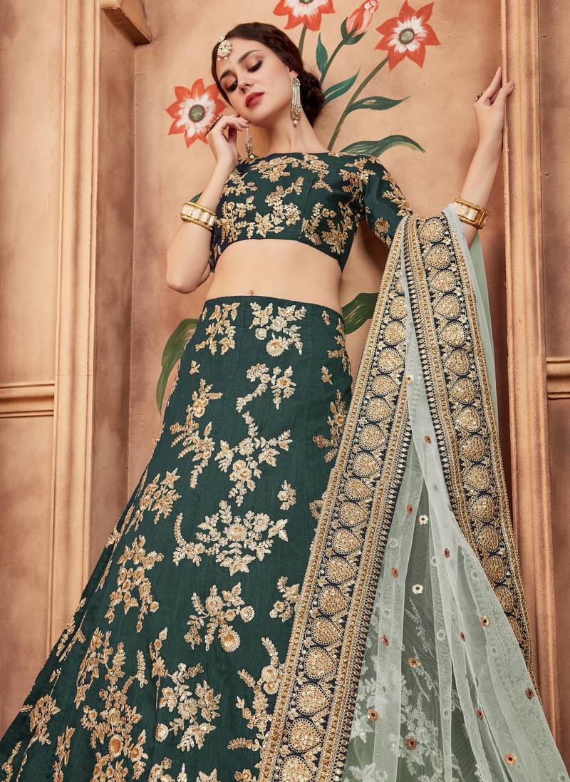 Eye Catching Teal Gold Dori, Matte Sequins Embroidered Bangalory Silk lehenga choli for bride
