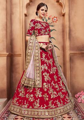 Mesmerizing Red Gold Dori, Matte Sequins Embroidered Bangalory Silk Semi Stitched wedding lehenga 4