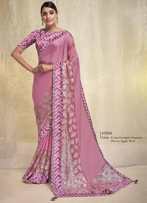 Pink crepe georgette embroidered saree with unstitched blouse piece 1