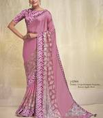 Pink crepe georgette embroidered saree with unstitched blouse piece