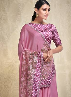 Pink crepe georgette embroidered saree with unstitched blouse piece 2
