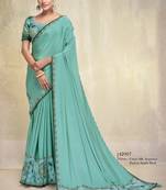 Aqua Blue Crepe Silk Solid Saree With Unstitched Blouse Piece