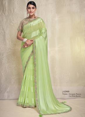 Light green georgette solid saree with unstitched blouse piece 1