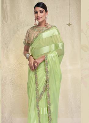 Light green georgette solid saree with unstitched blouse piece 2