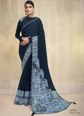 Teal crepe embroidered saree with unstitched blouse piece 1