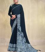Teal crepe embroidered saree with unstitched blouse piece