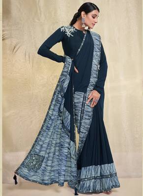 Teal crepe embroidered saree with unstitched blouse piece 2