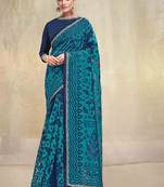 Blue organza weave weaving saree with unstitched blouse piece