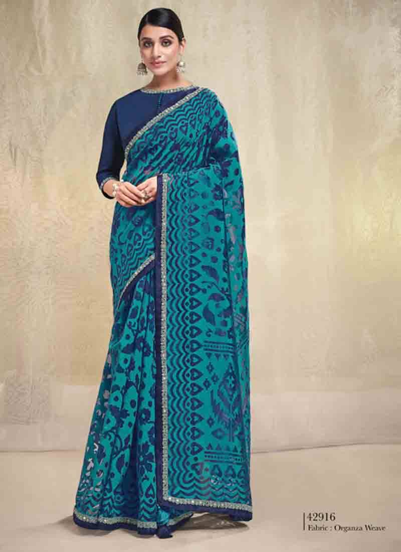 Blue organza weave weaving saree with unstitched blouse piece