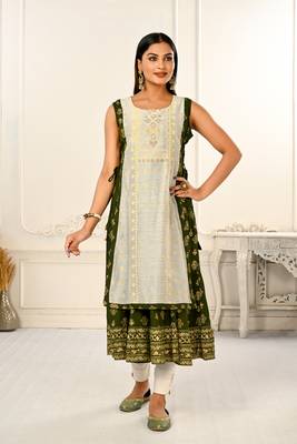 Green Colour Ethnic Kurti With Jacket For Girlish Looks 1