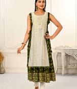 Green Colour Ethnic Kurti With Jacket For Girlish Looks