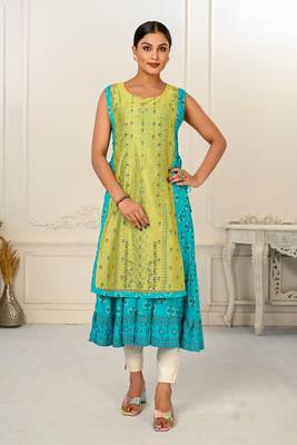 Turquoise Colour Ethnic Style Printed Kurti With Koti For Girlish Looks 1