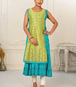 Turquoise Colour Ethnic Style Printed Kurti With Koti For Girlish Looks