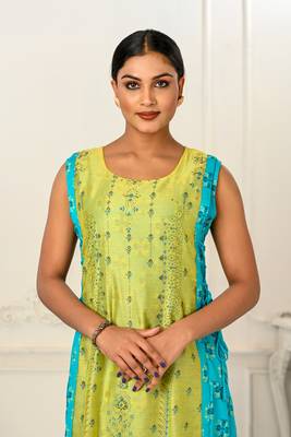 Turquoise Colour Ethnic Style Printed Kurti With Koti For Girlish Looks 3