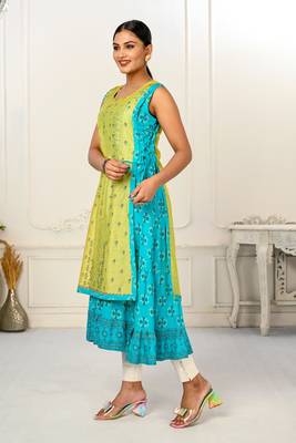 Turquoise Colour Ethnic Style Printed Kurti With Koti For Girlish Looks 4