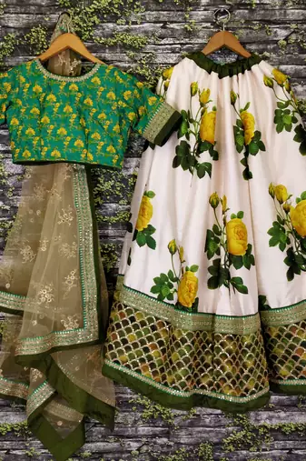 Ravishing Green Dori and Sequins Embroidered & Digital Printed Designer Floral Silk Lehenga
