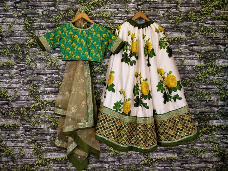 Ravishing Green Dori and Sequins Embroidered & Digital Printed Designer Floral Silk Lehenga