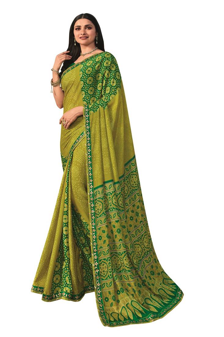 olive bandhni printed chiffon saree with blouse piece