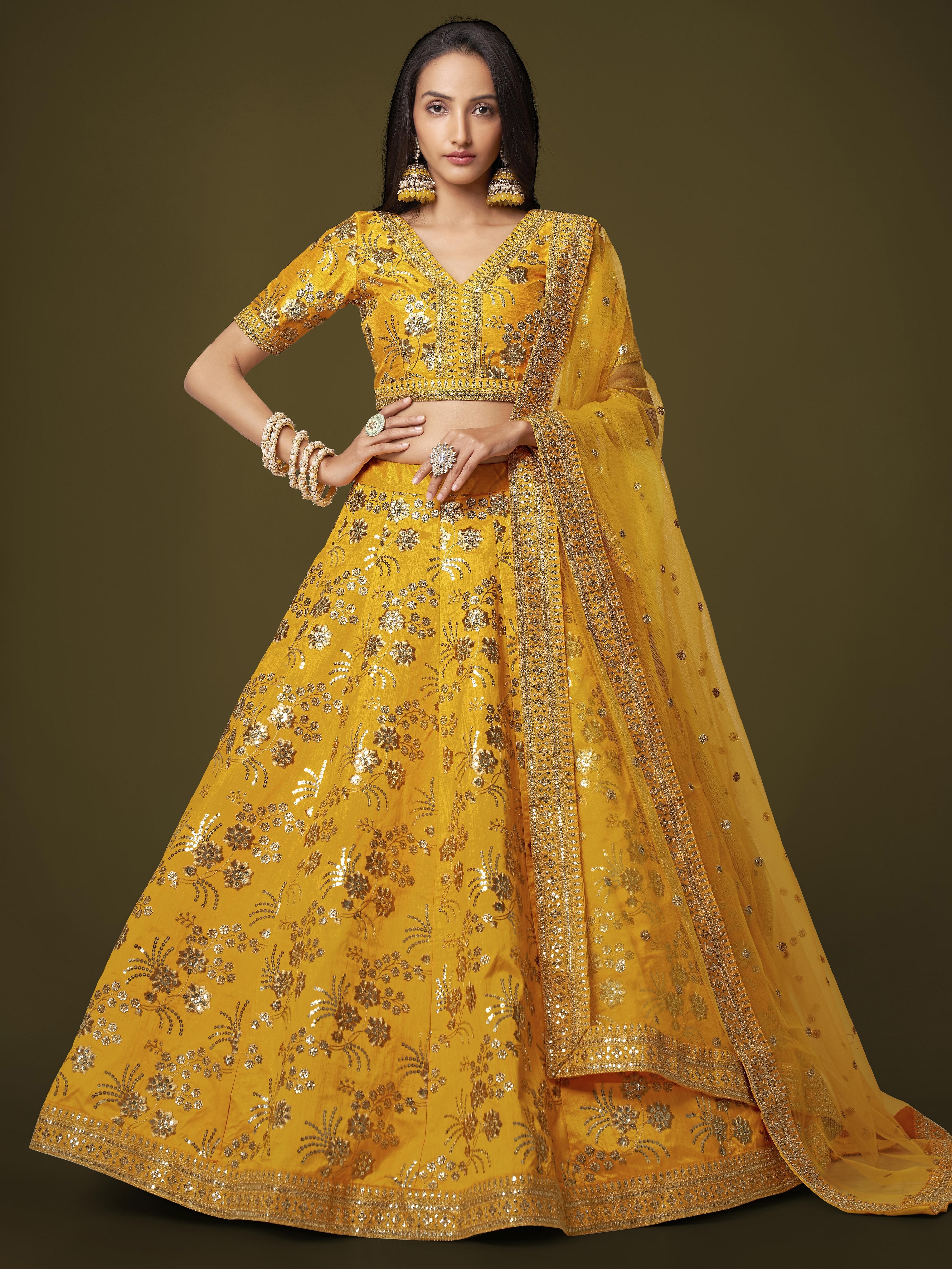 yellow lehenga with silver and chikan embroidery