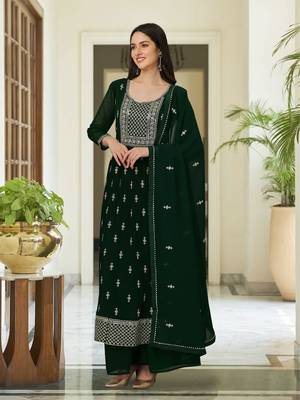 Trendmalls Green Georgette Embroidered Side Slit Party Wear Kurta Pant with Dupatta Salwar Suit Set 1