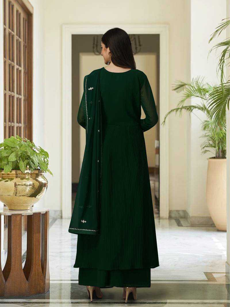 Trendmalls Green Georgette Embroidered Side Slit Party Wear Kurta Pant with Dupatta Salwar Suit Set