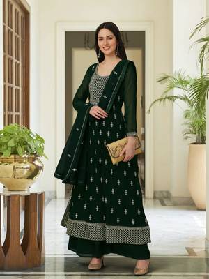 Trendmalls Green Georgette Embroidered Side Slit Party Wear Kurta Pant with Dupatta Salwar Suit Set 3