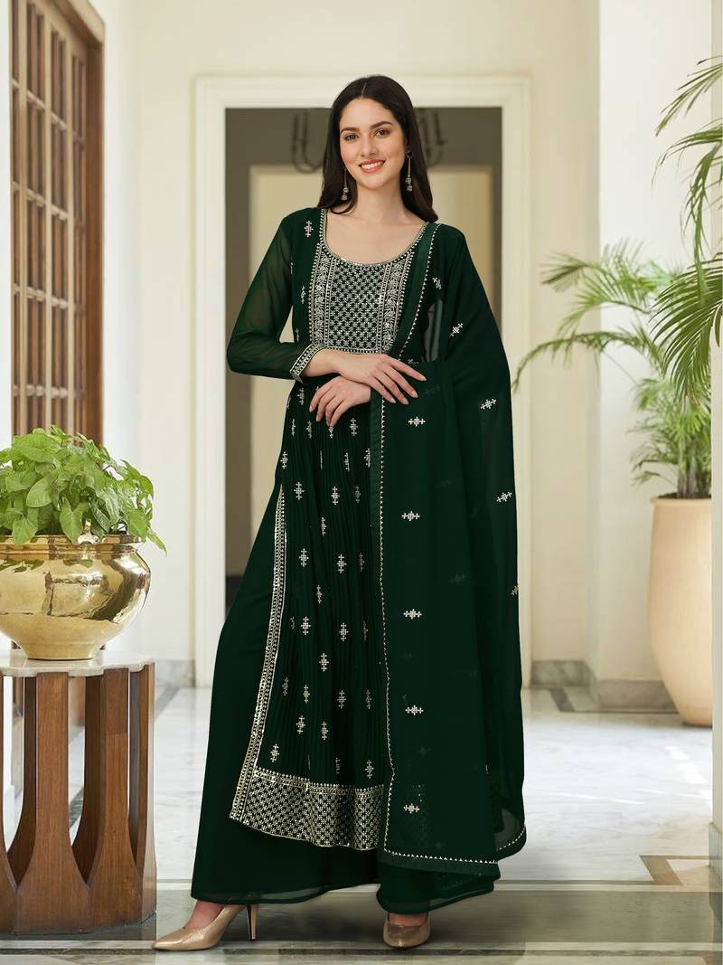 Trendmalls Green Georgette Embroidered Side Slit Party Wear Kurta Pant with Dupatta Salwar Suit Set