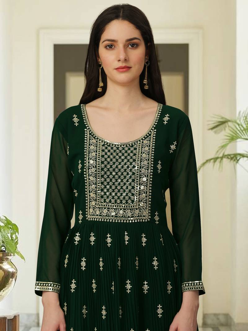 Trendmalls Green Georgette Embroidered Side Slit Party Wear Kurta Pant with Dupatta Salwar Suit Set