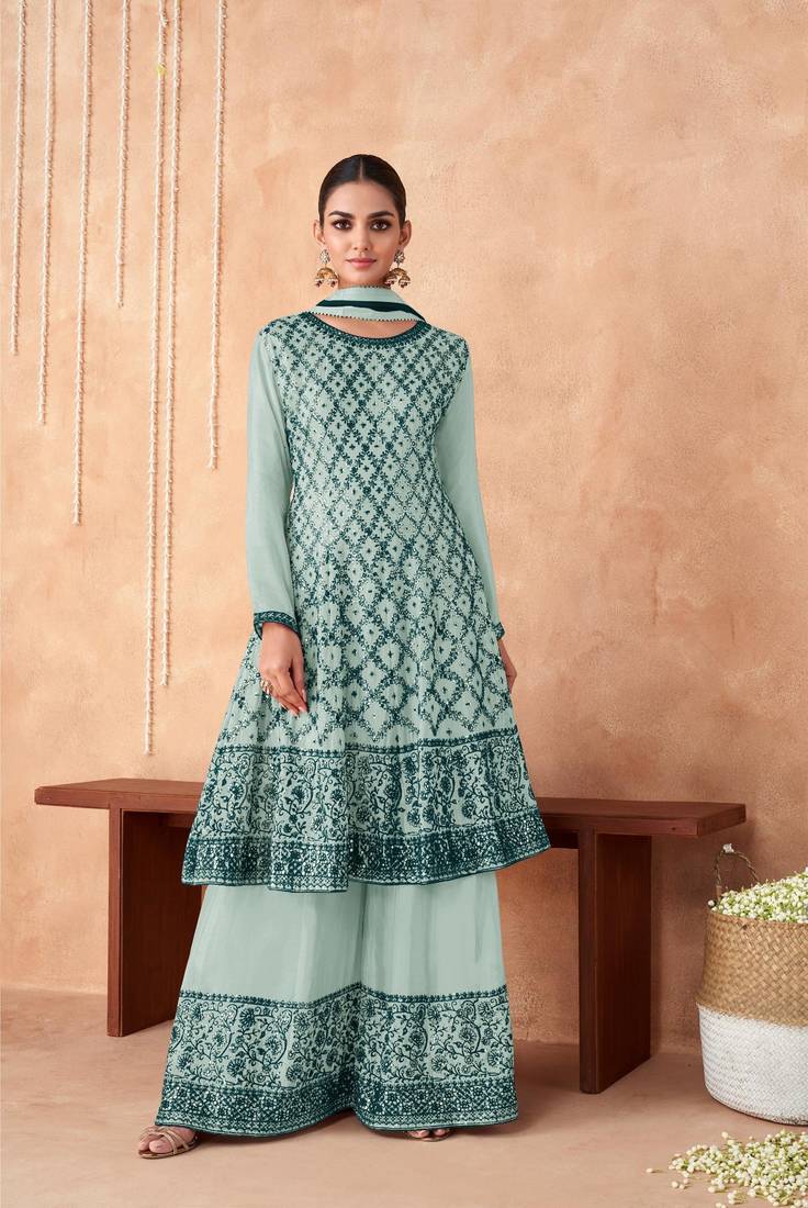 Green Colour Designer Resham Embroidery Palazzo Dress For Festive Season