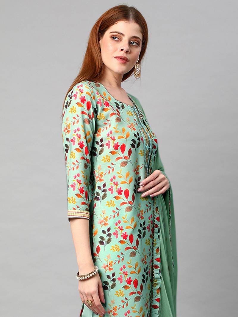 Women Elegant Teal Blue and Green Ethnic Suit