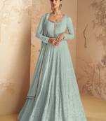 Sky Blue Colour Ethnic Embroidery Work Anarkali Dress For Girlish Party Looks