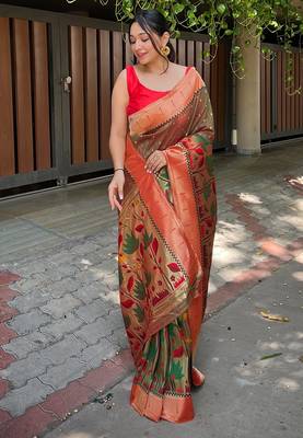 Mehendi green titli royal paithani silk zari woven saree 1