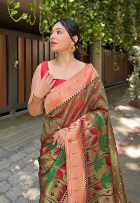 Mehendi green titli royal paithani silk zari woven saree 2