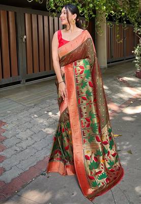 Mehendi green titli royal paithani silk zari woven saree 3