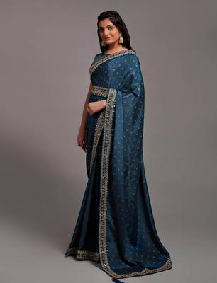 Petrol Colour Traditional Bandhej Print Embroidered Border Saree With Belt 1