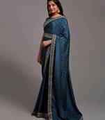 Petrol Colour Traditional Bandhej Print Embroidered Border Saree With Belt