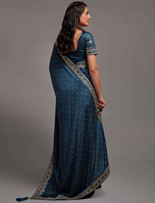 Petrol Colour Traditional Bandhej Print Embroidered Border Saree With Belt 2
