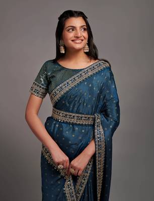 Petrol Colour Traditional Bandhej Print Embroidered Border Saree With Belt 3