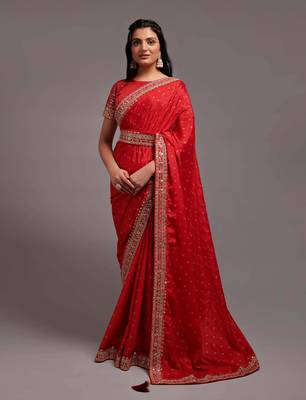 Red Colour Traditional Bandhej Print Embroidered Border Saree With Belt 1