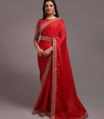 Red Colour Traditional Bandhej Print Embroidered Border Saree With Belt